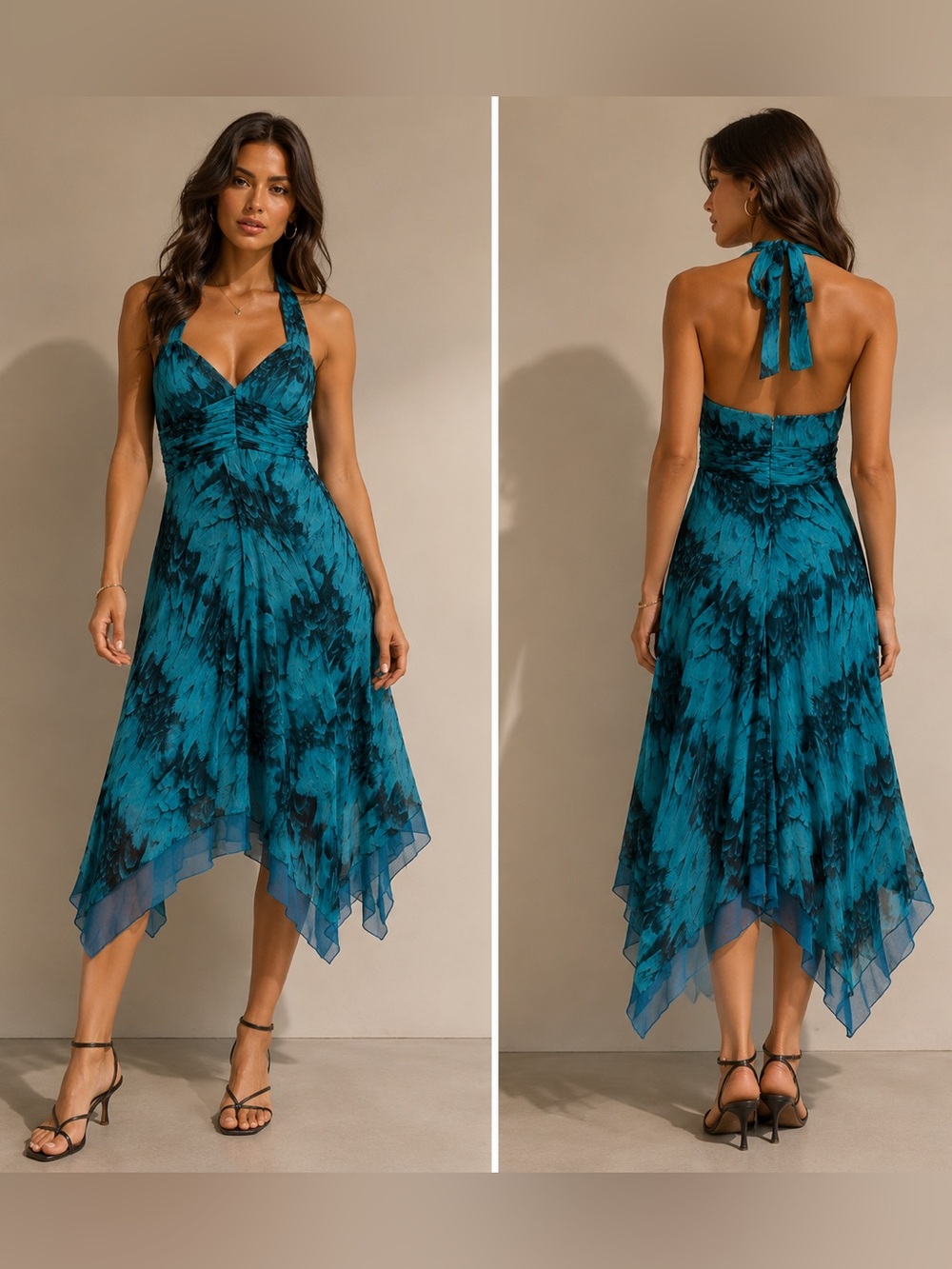 Vintage Y2K Laundry by Shelli Segal Silk Halter Dress Teal Black Size 4